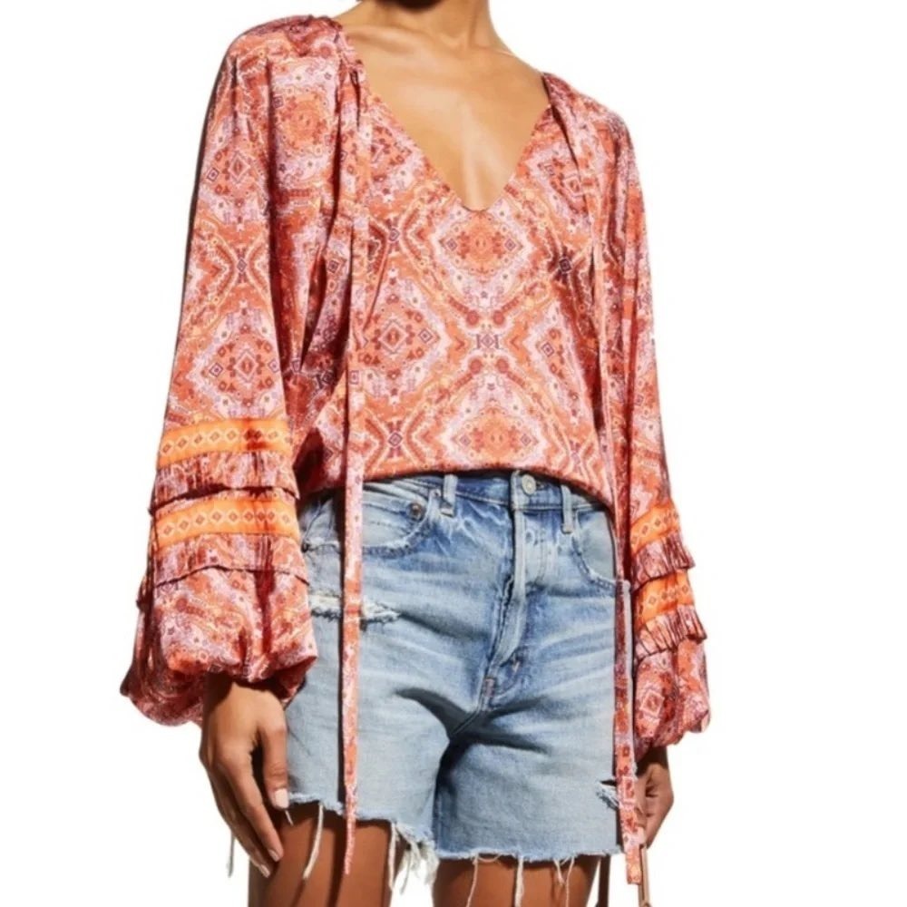 Ramy Brook Top Women Small Orange Boho Geometric Ruffle Sleeve Blouse EUC